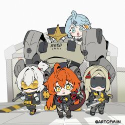 1boy artofmiin long_hair magus_(zenless_zone_zero) multiple_girls orphie_(zenless_zone_zero) orphie_magnusson seed_(zenless_zone_zero) seed_sr. soldier_11_(zenless_zone_zero) trigger_(zenless_zone_zero) zenless_zone_zero