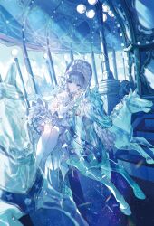  1girl absurdres blue_eyes blue_nails blunt_bangs bonnet carousel crinoline day dress frilled_bonnet frills fuzichoco highres holding holding_pocket_watch juliet_sleeves lens_flare light_rays liver_city lolita_fashion long_hair long_sleeves looking_at_viewer original outdoors pale_skin pantyhose pocket_watch puffy_sleeves sitting solo sunbeam sunlight watch wavy_hair white_dress white_hair white_pantyhose 