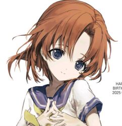 birthday blue_eyes close-up closed_mouth floating_hair hands_together head_tilt higurashi_no_naku_koro_ni looking_at_viewer non-web_source orange_hair ryuuguu_rena sailor_collar serafuku short_hair smile white_background
