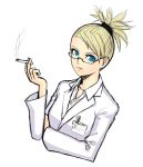  blue_eyes cigarette doctor glasses k+ name_tag smoking 