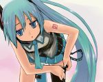  bare_shoulders bent_over blue_eyes blue_hair dressing flat_gaze gekkan-kurobuta hands hatsune_miku highres kurobuta_gekkan long_hair necktie one_thighhigh single_thighhigh thighhighs vocaloid 