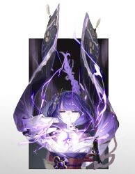  1girl armor blunt_bangs braid bridal_gauntlets commentary_request drawing_sword electricity genshin_impact glowing glowing_sword glowing_weapon hair_ornament highres holding holding_sword holding_weapon human_scabbard japanese_clothes katana kimono long_braid long_hair mitsudomoe_(shape) mole mole_under_eye multicolored_hair multiple_girls musou_isshin_(genshin_impact) off_shoulder purple_hair purple_kimono raiden_shogun red_sash s_zu_ki sash shoulder_armor single_braid solo streaked_hair sword sword_between_breasts tomoe_(symbol) upper_body violet_eyes weapon 