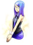  blue_hair glasses multicolored_hair necktie skirt sleeveless_shirt two-tone_hair yellow_eyes 