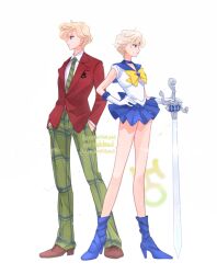  2girls bishoujo_senshi_sailor_moon blonde_hair blue_boots blue_choker blue_sailor_collar blue_skirt boots bow bowtie brown_shoes choker commentary dated_commentary dual_persona elbow_gloves gloves green_necktie green_pants hands_in_pockets high_heel_boots high_heels highres jacket looking_to_the_side magical_girl miniskirt mugen_gakuen_school_uniform multiple_girls namisonpictures necktie pants plaid_clothes plaid_pants planted planted_sword red_jacket sailor_collar sailor_senshi sailor_senshi_uniform sailor_uranus school_uniform shirt shoes short_hair simple_background skirt space_sword standing sword ten'ou_haruka uranus_symbol weapon white_background white_gloves white_shirt yellow_bow yellow_bowtie 