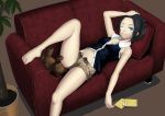  black_hair blue_eyes book couch feet k+ lying short_hair shorts stuffed_animal stuffed_toy teddy_bear wink 