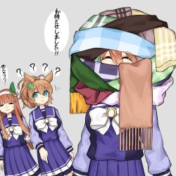  3girls animal_ears blue_eyes blue_scarf blunt_bangs bow bowtie breasts brown_hair brown_scarf closed_eyes closed_mouth commentary_request ear_covers green_scarf hair_between_eyes hair_ornament hairband highres hime_cut horse_ears horse_girl long_hair long_sleeves matikanefukukitaru_(umamusume) multiple_girls orange_hair pleated_skirt ponytail purple_sailor_collar purple_serafuku purple_shirt purple_skirt sailor_collar sailor_shirt sanada_ina scarf school_uniform serafuku shirt silence_suzuka_(umamusume) skirt smile star_(symbol) star_hair_ornament sweatdrop taiki_shuttle_(umamusume) tracen_school_uniform umamusume white_bow white_bowtie white_hairband yellow_scarf 