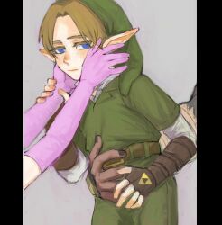  1girl 2boys black_nails blonde_hair blue_eyes brown_gloves commentary_request dark-skinned_male dark_skin earrings elbow_gloves fingerless_gloves ganondorf gloves green_hat green_tunic grey_background grrr0111 hand_on_another's_stomach hand_on_another's_wrist hands_on_another's_cheeks hands_on_another's_face hat highres hoop_earrings jewelry link looking_to_the_side male_focus multiple_boys pink_gloves pointy_ears princess_zelda sad shirt the_legend_of_zelda the_legend_of_zelda:_ocarina_of_time tunic upper_body white_shirt 