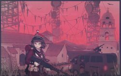  3girls absurdres ammunition_belt animal_ears backpack bag belt_pouch bird boots cat_ears church cigarette coat commentary corpse cross english_commentary gift_art gloves gun hat highres holding holding_gun holding_weapon kepi m60_(machine_gun) machine_gun manually-operated_mounted_gun massacre military_hat military_uniform motor_vehicle mountainous_horizon multiple_girls original pants parabolic_antenna polivia pouch power_lines razpaz red_coat red_sky rifle scope short_hair sky smoking sunset transmission_tower van vulture walkie-talkie war_crime weapon white_gloves white_pants yellow_eyes 