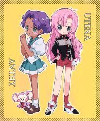  2girls :d animal bindi blush_stickers character_name chu_chu_(shoujo_kakumei_utena) commentary_request dark-skinned_female dark_skin full_body glasses green_eyes hair_bun hand_in_pocket hano_luno highres himemiya_anthy jacket long_hair long_sleeves looking_at_viewer monkey multiple_girls own_hands_clasped own_hands_together parted_bangs pink_hair pleated_skirt puffy_short_sleeves puffy_sleeves purple_hair red_socks round_eyewear school_uniform serafuku short_sleeves shorts shoujo_kakumei_utena skirt smile socks tenjou_utena white_socks 