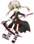  blonde_hair boots cape chibi gloves green_eyes kuta kuta_(maka) long_hair maka_albarn maka_arubaan necktie plaid plaid_skirt school_uniform scythe skirt soul_eater tartan twintails 