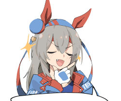  1girl :d blue_hairband blue_jacket closed_eyes double-parted_bangs ear_covers eri_(erikiri) fang fingerless_gloves gloves grey_hair hair_between_eyes hairband hand_on_own_chin headband jacket long_hair long_sleeves open_mouth red_headband simple_background smile solo speech_bubble stroking_own_chin tamamo_cross_(umamusume) tamamo_cross_(with_lightning_speed)_(umamusume) umamusume upper_body v-shaped_eyebrows white_background white_gloves 