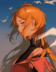  1girl absurdres bare_shoulders bird blue_sky braid braided_bangs breasts chii0m choker dress feather_trim hair_down highres lace-trimmed_choker lace_trim large_breasts long_hair looking_at_viewer orange_hair priscilla_barielle re:zero_kara_hajimeru_isekai_seikatsu red_dress red_eyes sideboob sky solo sunset upper_body 