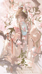  1boy absurdres animal_ear_fluff animal_ear_piercing animal_ears bird branch brown_hair chinese_clothes closed_mouth coat cowboy_shot day eyelashes fingernails flower fur-trimmed_coat fur_trim grey_eyes hair_ornament hand_fan hanfu high_ponytail highres holding holding_fan lips liushui_jiang long_hair looking_at_animal male_focus monocle original outdoors parted_bangs pink_coat pink_flower pink_hanfu pink_theme ponytail rabbit_boy rabbit_ears sidelocks smile solo sunlight swallow_(bird) watermark 