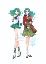  2girls aqua_choker aqua_hair aqua_sailor_collar aqua_shoes aqua_skirt back_bow bishoujo_senshi_sailor_moon black_sailor_collar blue_bow blue_bowtie bow bow_(music) bowtie choker circlet commentary dated_commentary deep_aqua_mirror dual_persona earrings full_body gloves green_skirt high_heels highres holding holding_bow_(music) holding_instrument holding_mirror holding_violin instrument jewelry kaiou_michiru long_hair looking_at_viewer magical_girl miniskirt mirror mugen_gakuen_school_uniform multiple_girls namisonpictures neptune_symbol plaid_clothes plaid_skirt pleated_skirt red_shirt sailor_collar sailor_neptune sailor_senshi sailor_senshi_uniform school_uniform shirt shoes simple_background skirt socks standing violin white_background white_gloves white_socks 