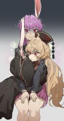  2girls absurdres aged_down animal_ears black_dress blonde_hair dalachi_(headdress) dress highres holding_another's_ear junko_(touhou) long_hair long_sleeves multiple_girls pleated_skirt purple_hair purple_skirt rabbit_ears red_eyes reisen_udongein_inaba shaded_face shimiya_jin sitting sitting_on_lap sitting_on_person skirt sweat touhou wide_sleeves 