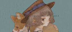  1girl 1other animal blue_ribbon blunt_bangs brown_hair brown_hat collared_shirt commentary_request dog english_text expressionless from_side grey_eyes hat holding nekosuke_(oxo) open_mouth original pale_skin ribbon shirt short_hair sidelocks simple_background wavy_hair welsh_corgi 
