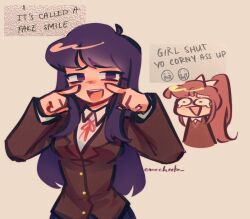  2girls bow breasts brown_hair brown_jacket commentary crying_emoji doki_doki_literature_club emocheeto emoji english_commentary english_text hair_bow high_ponytail jacket jitome laughing long_hair medium_breasts meme monika_(doki_doki_literature_club) multiple_girls open_mouth ponytail purple_hair school_uniform simple_background tears upper_body violet_eyes white_bow yuri_(doki_doki_literature_club) 