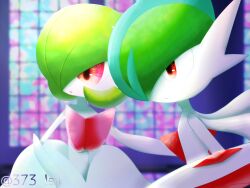  1boy 1girl arm_blade artist_name blue_hair blurry blurry_background bob_cut closed_mouth colored_skin commentary_request elbow_gloves flat_chest gallade gardevoir gloves green_hair hair_over_one_eye highres indoors looking_afar mega_gallade mega_gardevoir mega_pokemon mohawk multicolored_hair one_eye_covered open_mouth partial_commentary pokemon pokemon_(creature) red_eyes sahari_(373_lsa) short_hair standing twitter_username two-tone_hair upper_body watermark weapon white_gloves white_skin 