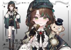  1girl animal animal_charm animal_on_shoulder animated ankle_socks ascot asymmetrical_legwear bag bag_charm belt black_belt black_bow black_bowtie black_gloves black_hat black_ribbon black_shorts black_vest boots bow bowtie braid brooch brown_bag brown_belt brown_boots brown_hair charm_(object) closed_mouth clothed_animal collared_shirt commentary commission crossed_belts detective dot_nose eyelashes full_body gem gloves gradient_background green_eyes green_hat green_robe grey_background grey_socks half_gloves hand_on_own_hip handbag hat hat_ribbon highres holding holding_bag holding_magnifying_glass holding_microphone jewelry kneehighs knees lace-up_boots leg_belt light_blush lips live2d long_hair long_sleeves looking_at_viewer low_twin_braids magnifying_glass microphone mole mole_under_each_eye mole_under_eye monkey monocle multicolored_hair multiple_belts multiple_moles multiple_views newsboy_cap original picture_frame pink_lips puffy_long_sleeves puffy_sleeves red_gem reference_sheet ribbon robe shanwenyufan shirt shorts simple_background single_kneehigh single_sock smile socks sparkle standing straight-on streaked_hair striped_ribbon symbol-only_commentary thigh_belt thigh_strap top_hat twin_braids upper_body vest virtual_youtuber white_ascot white_shirt 