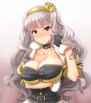  1girl beyond_the_nobles blush breast_hold breast_rest breasts cleavage corset dress flower fuyube_rion gloves idolmaster large_breasts long_hair looking_at_viewer revision shijou_takane silver_hair skirt smile solo 