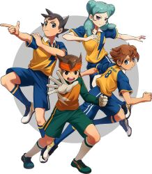  1girl 3boys aqua_hair beta_(inazuma_eleven) black_hair blue_eyes blue_shorts brown_eyes brown_hair commentary endou_mamoru full_body gloves goalkeeper headband inamori_asuto inazuma_eleven inazuma_eleven_(series) inazuma_eleven_ares_no_tenbin inazuma_eleven_go inazuma_eleven_go_chrono_stone kokuro_(kosyari) light_smile matsukaze_tenma multiple_boys open_mouth orange_headband raimon raimon_soccer_uniform shirt shorts simple_background soccer_uniform sportswear violet_eyes white_background white_gloves yellow_shirt 