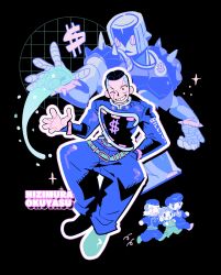  3boys absurdres belt belt_buckle black_background black_eyes black_hair blue_pants buckle character_name commentary_request diamond_wa_kudakenai dollar_sign full_body gakuran gogeyama grin hand_in_pocket higashikata_josuke highres hirose_koichi jacket jojo_no_kimyou_na_bouken long_sleeves male_focus multiple_boys nijimura_okuyasu one_eye_closed pants pompadour school_uniform short_hair smile solo_focus sparkle spikes stand_(jojo) yen_sign 