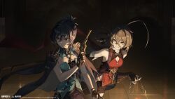  2girls absurdres ahoge black_gloves black_hair black_jacket black_shorts braid braided_hair_rings brown_hair chain copyright_name copyright_notice dark_background detached_collar evil_grin evil_smile fingerless_gloves gloves green_shirt grin gun hair_between_eyes hair_bun hair_rings hand_up highres holding holding_chain holding_gun holding_weapon jacket jacket_on_shoulders jingui_(xinyue_tongxing) logo longjing_(xinyue_tongxing) looking_to_the_side multiple_girls official_art official_wallpaper ponytail red_shirt revolver shirt short_hair shorts sidelighting sleeveless sleeveless_shirt smile strapless strapless_shirt tile_floor tiles upper_body v-shaped_eyebrows weapon xinyue_tongxing yellow_eyes 