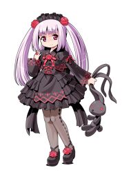  1girl argyle_clothes argyle_pantyhose black_dress black_pantyhose black_shoes blunt_bangs bow bowtie closed_mouth commentary_request dress flower full_body gothic_lolita hair_flower hair_ornament hand_up holding holding_stuffed_toy lolita_fashion long_hair long_sleeves looking_at_viewer maid_headdress neck_flower original pantyhose purple_hair red_bow red_bowtie red_eyes red_flower red_rose rose shoes simple_background smile solo standing stuffed_animal stuffed_rabbit stuffed_toy toromi_(toromix2) transparent_background twintails 