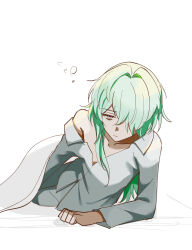  1boy anaxa_(honkai:_star_rail) blue_eyes character_request check_character collarbone collared_shirt dress_shirt green_hair grey_pajamas grey_pants grey_shirt hair_intakes hair_over_one_eye highres honkai:_star_rail honkai_(series) kino_mota long_hair long_sleeves male_focus pajamas pants shirt simple_background sleeping solo under_covers waking_up white_background 