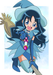  1girl :d absurdres bead_bracelet beads blue_background blue_boots blue_choker blue_dress blue_eyes blue_gloves blue_hair blue_hat blue_thighhighs boots border bracelet broom broom_riding choker color_connection commentary company_connection cosplay creator_connection dress earrings eighth_note elbow_gloves frilled_dress frilled_sleeves frills gloves hand_up hat heartcatch_precure! highres holding holding_wand index_finger_raised jewelry kurumi_erika legs_up long_hair looking_at_viewer magical_girl morishita_(moricuremori) musical_note ojamajo_doremi open_mouth outside_border peperuto_pollon pointing pointing_at_viewer pointy_boots precure senoo_aiko senoo_aiko_(cosplay) short_dress short_sleeves smile solo sphere_earrings thigh-highs toei_company training_tap wand white_border witch witch_hat zettai_ryouiki 