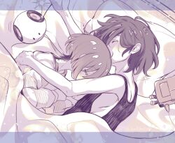  1boy 1girl amate_yuzuriha arm_pillow black_tank_top blanket blush closed_eyes commentary conch_(gundam) gundam gundam_gquuuuuux haro head_on_chest head_on_pillow highres hug long_sleeves monochrome non-humanoid_robot on_bed pajamas pillow robot shared_bed shared_blanket short_hair shuji_ito sleeping sleeping_together sparkle tank_top tsu_bakimrro twitter_username 