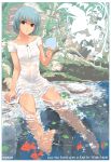  barefoot black_eyes blue_hair dress feet feet_in_water fish gekkan-kurobuta goldfish highres kurobuta_gekkan legs nature short_hair sitting soaking_feet solo sundress tree trees water wet wet_clothes white_dress 