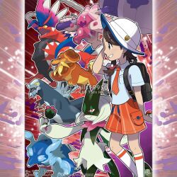  artist_name backpack bag baxcalibur black_bag braid breast_pocket brown_eyes brown_hair bud claws collared_shirt colored_sclera commentary company_name copyright_notice dachsbun english_commentary eyelashes from_side hammer hand_on_own_head hat holding holding_hammer holding_poke_ball instagram_username juliana_(pokemon) kneehighs koraidon meowscarada merchandise_available naranja_academy_school_uniform necktie official_style open_mouth orange_eyes orange_necktie orange_shorts outline palafin palafin_(hero) pink_eyes pocket poke_ball poke_ball_(basic) pokemon pokemon_(creature) pokemon_sv school_uniform shirt short_sleeves shorts side_braid single_braid slit_pupils smile socks striped_clothes striped_shorts teeth tinkaton tom_higgins v-shaped_eyes vertical-striped_clothes vertical-striped_shorts watermark white_hat white_outline white_shirt white_socks yellow_eyes yellow_sclera 