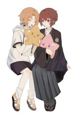  2boys absurdres aged_down black_hakama black_haori black_shorts character_pillow chinese_commentary closed_eyes commentary_request curtained_hair ensemble_stars! fang fleur-de-lis full_body grey_socks hakama hakama_pants hands_up haori highres holding holding_pillow hood hood_down hoodie invisible_chair japanese_clothes kimono long_sleeves looking_at_another male_focus medium_hair miyu_(5178255524) multiple_boys official_alternate_costume open_mouth orange_hair orange_shoes pants pillow ponytail red_hair sandals shoes short_hair short_sleeves shorts sitting skin_fang socks suou_tsukasa tsukinaga_leo violet_eyes white_background white_hoodie white_socks 