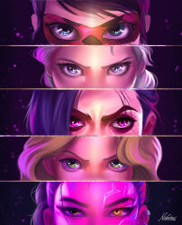  5girls absurdres arcane:_league_of_legends arcane_jinx blonde_hair blue_eyes blue_hair brown_eyes commentary crossover domino_mask earrings elsa_(frozen) english_commentary eye_focus eye_mask frozen_(disney) green_eyes heterochromia highres in-franchise_crossover jewelry jinx_(league_of_legends) kpop_demon_hunters ladybug_(miraculous_ladybug) league_of_legends looking_at_viewer marinette_dupain-cheng mask miraculous_ladybug multiple_crossover multiple_girls nikola_(nikkotari) purple_background purple_hair rapunzel_(disney) rumi_(kpop_demon_hunters) tangled trait_connection violet_eyes yellow_eyes 