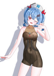 1girl ;d absurdres bare_shoulders blue_hair blush braid breasts colphne_(girls'_frontline_2) colphne_(silent_heart)_(girls'_frontline_2) commentary_request covered_navel gamel_120 girls'_frontline_2:_exilium girls_frontline hair_between_eyes hair_ornament hairclip hand_up happy hat highres looking_at_viewer medium_hair nurse_cap one_eye_closed pointing pointing_at_self red_eyes skin_tight small_breasts smile solo thighs twin_braids twintails 