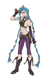 1girl absurdres aqua_eyes aqua_hair arcane:_league_of_legends arcane_vi arm_tattoo asymmetrical_gloves bandaid bandaid_on_leg bare_shoulders belt black_boots black_choker black_gloves black_shirt boots braid breasts choker cloud_tattoo crop_top crossed_bandaids elbow_gloves fingerless_gloves full_body gloves gun hashtag-only_commentary highres holding holding_gun holding_weapon jinx_(league_of_legends) league_of_legends long_hair loose_belt medium_breasts midriff pants purple_pants shirt sideboob single_elbow_glove solo spiked_belt stomach_tattoo striped_clothes striped_pants tattoo twin_braids twintails very_long_hair vi_(league_of_legends) weapon white_background yiguanli123