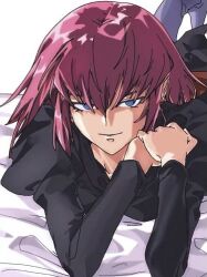  1girl black_dress blue_eyes breasts dress gundam haman_karn kawatooo large_breasts looking_at_viewer neo_zeon on_bed pink_hair short_hair simple_background smile solo white_background zeta_gundam 