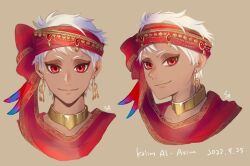  1boy brown_background closed_mouth commentary_request dated earrings headband jewelry kalim_al-asim looking_at_viewer male_focus multiple_views red_eyes red_headband saku_(dodongagerogero) short_hair simple_background smile twisted_wonderland white_hair 