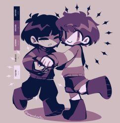  2others =_= androgynous boots chara_(undertale) child commentary emocheeto english_commentary freckles frisk_(undertale) grey_background highres holding_hands long_sleeves looking_at_viewer monochrome multiple_others other_focus short_hair shorts simple_background smile standing standing_on_one_leg striped_clothes striped_sweater sweater thick_outlines undertale utdr_(toby_fox) 