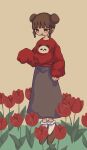  1girl black_footwear brown_eyes brown_hair double_bun flower grey_skirt leaf long_skirt long_sleeves no_nose open_mouth original plant print_shirt red_flower red_shirt sakura_szm shirt shoes short_hair simple_background skirt smile socks solo tan_background white_legwear 