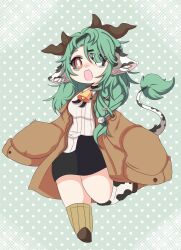  1girl animal_ear_fluff animal_ears animal_print artist_name bell black_choker black_hairband black_ribbon black_sclera black_skirt blush braid breasts bright_pupils brown_coat brown_shoes choker coat colored_sclera commentary cow_ears cow_girl cow_horns cow_print cow_tail cowbell crelly deformed dice_hair_ornament eyelashes fang full_body green_hair grey_sclera hair_ornament hair_over_shoulder hairband hairclip heterochromia highres horns indie_virtual_youtuber long_hair long_sleeves mismatched_sclera mismatched_socks neck_bell neck_ribbon open_clothes open_coat open_mouth polka_dot polka_dot_background red_eyes ribbon shirt shoes single_braid skin_fang skirt sleeves_past_fingers sleeves_past_wrists smile smolsammichowo solo standing standing_on_one_leg symbol-only_commentary tail virtual_youtuber white_eyes white_pupils white_shirt 