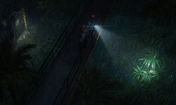  4boys catwalk_(walkway) door edouard_groult fern hands_on_own_hips hard_hat helmet highres jumpsuit jungle jurassic_park multiple_boys nature night palm_tree sign spotlight tree 