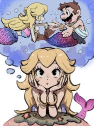  1boy 1girl bikini bikini_top_only blonde_hair bracelet brown_hair closed_mouth commentary earrings eye_contact facial_hair gold_bracelet highres imagining jewelry lips long_hair looking_at_another mari_luijiroh mario mermaid mermaid_peach merman monster_boy monster_girl monsterification mustache pearl_earrings princess_peach princess_peach:_showtime! short_hair speech_bubble super_mario_bros. swimsuit symbol-only_commentary thought_bubble toga underwater 