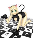  animal_ears barefoot blonde_hair breasts cat_ears cat_paws checkered checkered_floor cleavage cleavage_cutout green_eyes k+ original paws short_hair solo tail 
