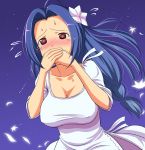  blue_hair blush breasts cleavage flower hair_ornament hand_over_mouth huge_breasts idolmaster long_hair miura_azusa red_eyes takayaki tears 