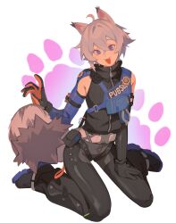  :3 animal_ears black_pants black_sweater cat_boy cat_ears cat_tail commentary english_commentary fang full_body gloves grey_hair hair_between_eyes hand_up highres mararu open_mouth pants police police_uniform seth_lowell sitting sleeveless sleeveless_sweater sweater tail violet_eyes wariza white_background zenless_zone_zero zipper 