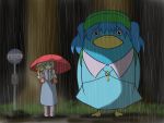  bat blonde_hair blue_hair ghibli green_hair hat kappa kawashiro_nitori kochiya_sanae long_hair moriya_suwako my_neighbor_totoro parody rain reon_(pixiv) reon_(saikyou) short_hair studio_ghibli tonari_no_totoro touhou umbrella zun 