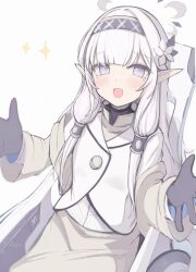  1girl :d black_gloves blue_archive blush commentary_request flower gloves grey_hairband grey_halo hair_flower hair_ornament hair_tubes hairband halo highres himari_(blue_archive) looking_at_viewer matchadzuke partial_commentary pointy_ears powered_wheelchair sidelocks smile solo sparkle violet_eyes wheelchair white_flower white_hair 