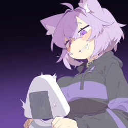  1girl absurdres ahoge animal_ear_fluff animal_ears black_background breasts cocomayo29_(tomato) commentary_request drooling gradient_background hair_between_eyes hands_on_another's_shoulders highres hololive hood hoodie korean_commentary large_breasts long_sleeves looking_at_another nekomata_okayu nekomata_okayu_(1st_costume) nervous_sweating onigirya_(nekomata_okayu) puffy_sleeves purple_background purple_hair purple_hoodie simple_background sweat violet_eyes virtual_youtuber 